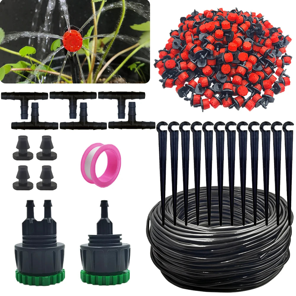 5-50M Garden Drip Irrigation Automatic Watering System Kit 1/4'' Nozzles for Bonsai Pot Plant Lawn Flower Vegetable Greenhouse