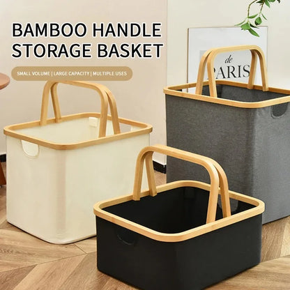 Bamboo Handle Storage Basket Large Capacity Foldable Bathroom Toy Clothing Desktop Organiser Dormitory Dirty Clothes Basket
