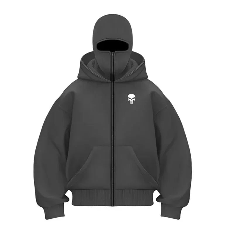Double hooded zipper sweatshirt men's Balaclava hooded sweatshirt sports jacket suitable for outdoor activities