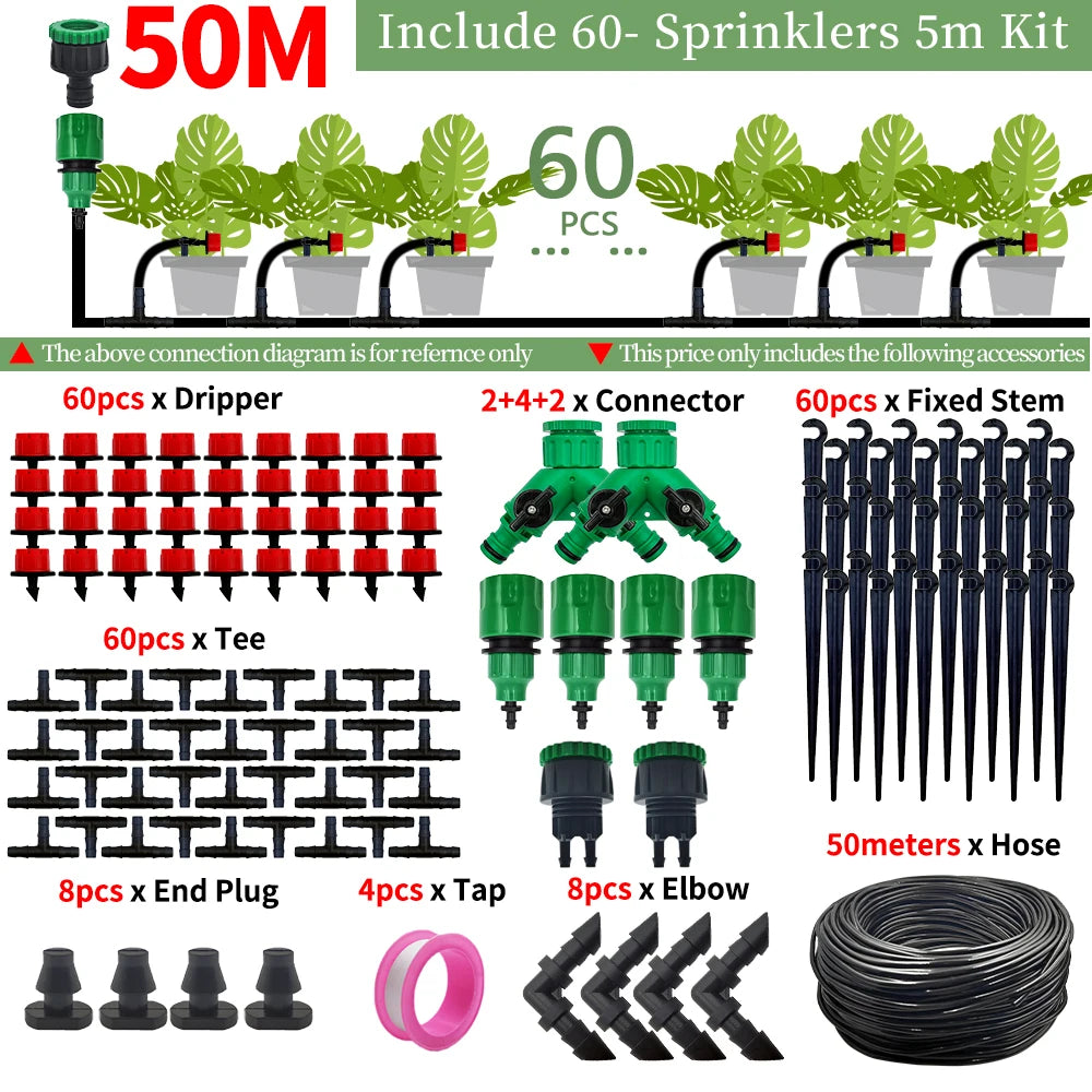 5-50M Garden Drip Irrigation Automatic Watering System Kit 1/4'' Nozzles for Bonsai Pot Plant Lawn Flower Vegetable Greenhouse
