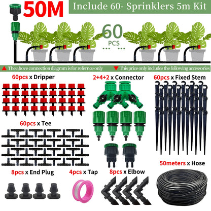 5-50M Garden Drip Irrigation Automatic Watering System Kit 1/4'' Nozzles for Bonsai Pot Plant Lawn Flower Vegetable Greenhouse
