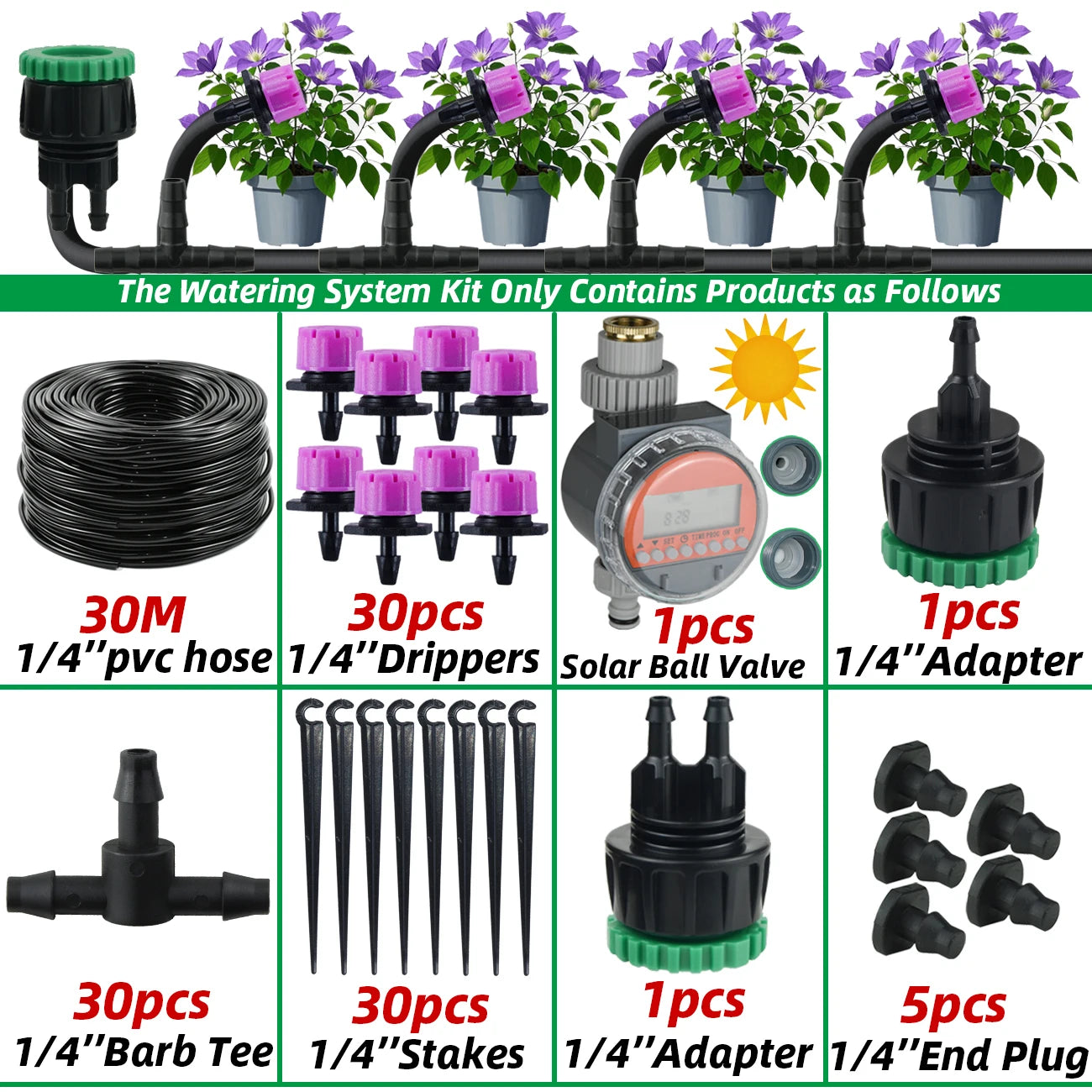 Garden 1/4'' Drip Irrigation Kit Automatic Watering System Nozzles for Farmland Bonsai Plant Flower Vegetable Greenhouse