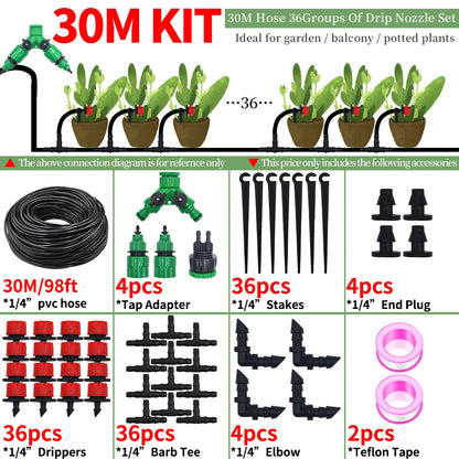 Automatic Drip Irrigation Kit 10-30M, 1/4" Garden Watering System with Nozzles for Farmland,Greenhouse,Bonsai,Flowers Vegetables