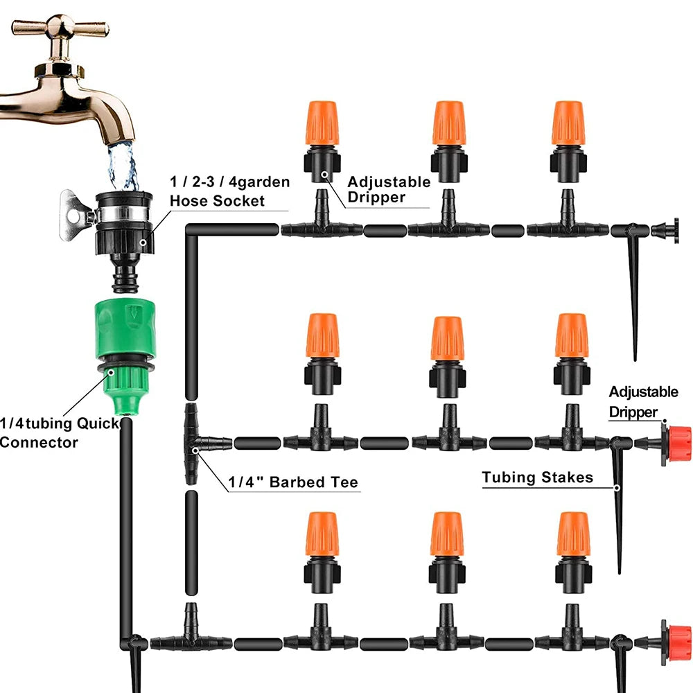50M Micro Drip Irrigation System Automatic Plant Watering Kit with Adjustable Drippers & Hose - Outdoor Garden Misting Tools