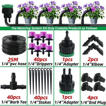 Garden 1/4'' Drip Irrigation Kit Automatic Watering System Nozzles for Farmland Bonsai Plant Flower Vegetable Greenhouse