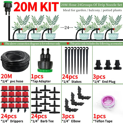 Garden 1/4'' Drip Irrigation Kit Automatic Watering System Nozzles for Farmland Bonsai Plant Flower Vegetable Greenhouse