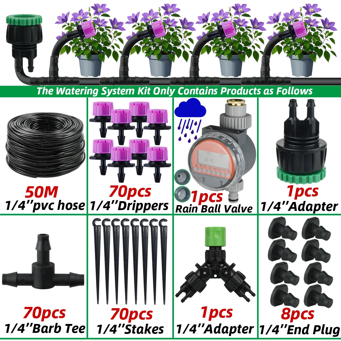 Garden 1/4'' Drip Irrigation Kit Automatic Watering System Nozzles for Farmland Bonsai Plant Flower Vegetable Greenhouse