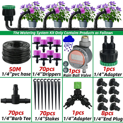 Garden 1/4'' Drip Irrigation Kit Automatic Watering System Nozzles for Farmland Bonsai Plant Flower Vegetable Greenhouse
