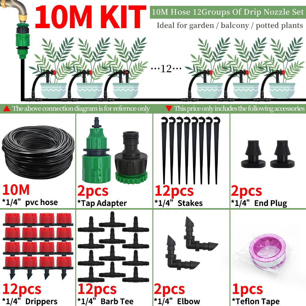 Garden 1/4'' Drip Irrigation Kit Automatic Watering System Nozzles for Farmland Bonsai Plant Flower Vegetable Greenhouse