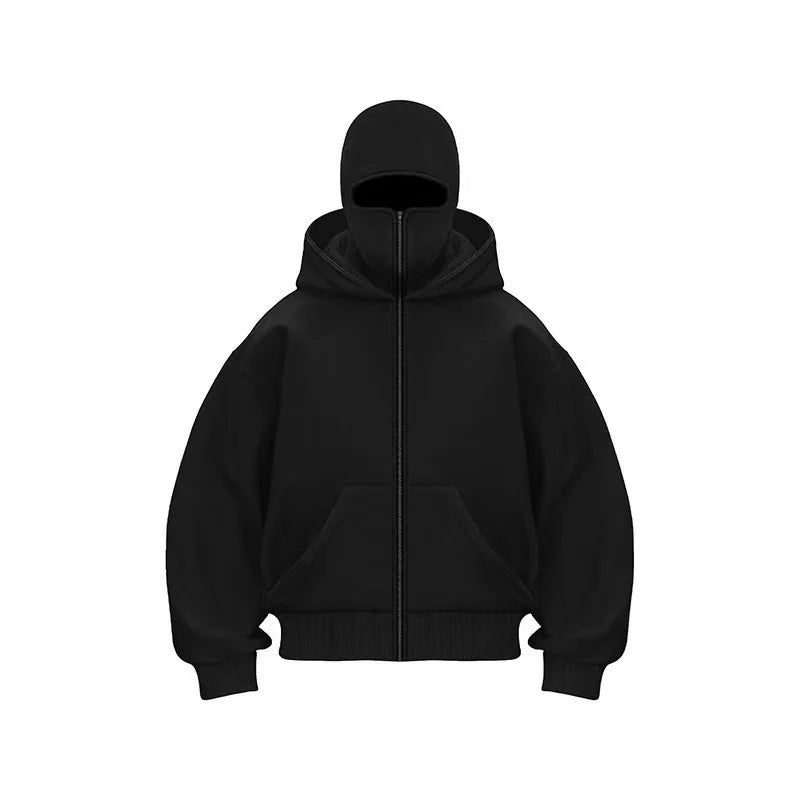 Double hooded zipper sweatshirt men's Balaclava hooded sweatshirt sports jacket suitable for outdoor activities