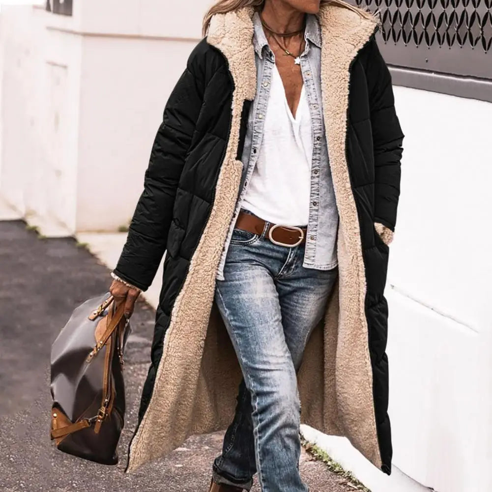 Women Long Hooded Down Jacket Stylish Women's Winter Coat With Hood Side Pockets Double-sided Design Slim Fit Mid For Outdoor