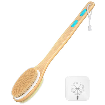 Bamboo Shower Brush with Soft and Stiff Bristles, Bath Dual-Sided Long Handle, Back Scrubber, Body Exfoliator, Wet or Dry Brush