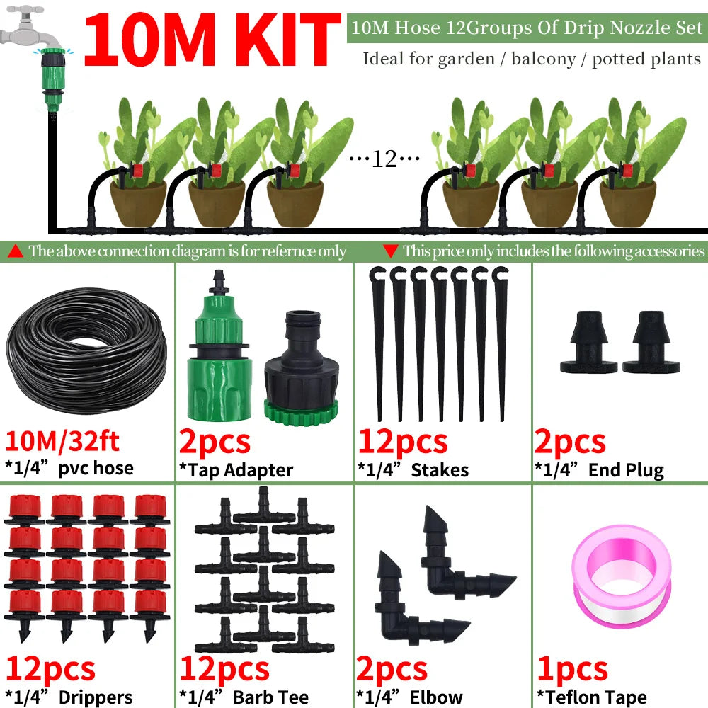 Automatic Drip Irrigation Kit 10-30M, 1/4" Garden Watering System with Nozzles for Farmland,Greenhouse,Bonsai,Flowers Vegetables