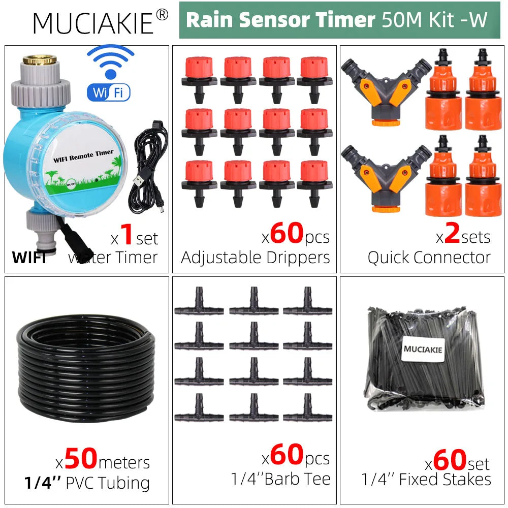 MUCIAKIE 50M-5M DIY Drip Irrigation System Automatic Watering Garden Hose Micro Drip Watering Kits with Adjustable Drippers
