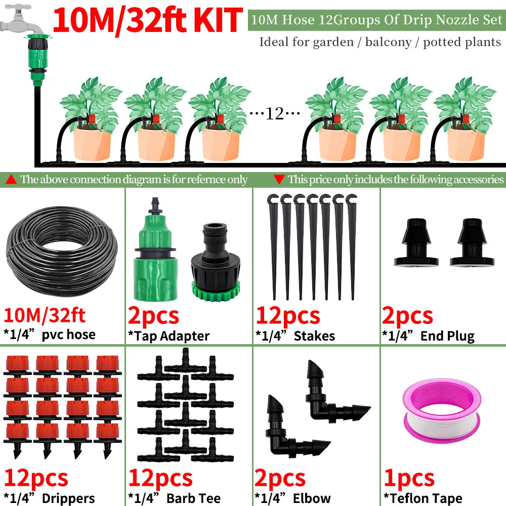 10-30M Garden 1/4'' Drip Irrigation Kit Automatic Watering System Nozzles for Farmland Bonsai Plant Flower Vegetable Greenhouse