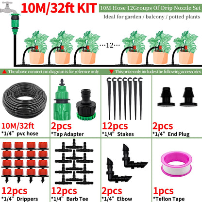 10-30M Garden 1/4'' Drip Irrigation Kit Automatic Watering System Nozzles for Farmland Bonsai Plant Flower Vegetable Greenhouse