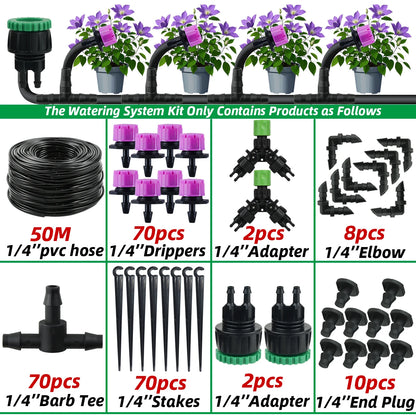 Garden 1/4'' Drip Irrigation Kit Automatic Watering System Nozzles for Farmland Bonsai Plant Flower Vegetable Greenhouse