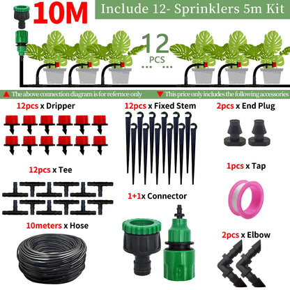 5-50M Garden Drip Irrigation Automatic Watering System Kit 1/4'' Nozzles for Bonsai Pot Plant Lawn Flower Vegetable Greenhouse
