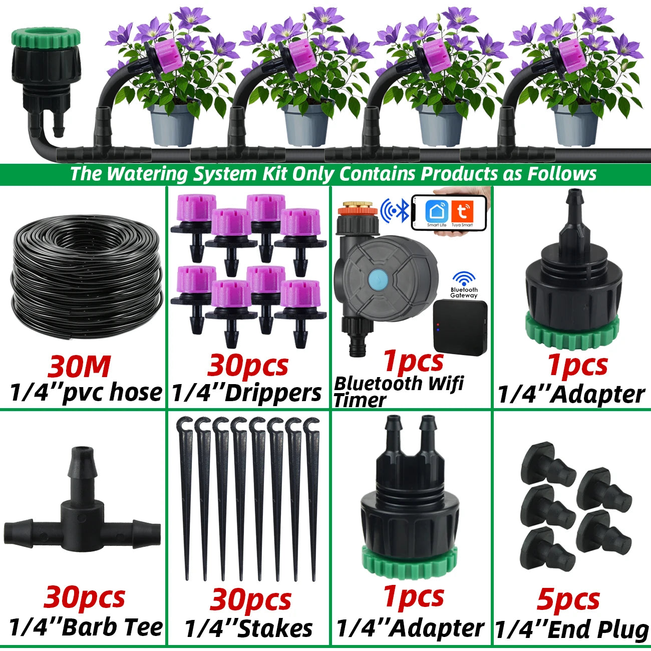 Garden 1/4'' Drip Irrigation Kit Automatic Watering System Nozzles for Farmland Bonsai Plant Flower Vegetable Greenhouse