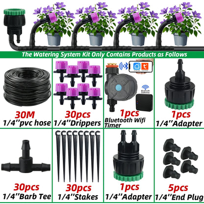 Garden 1/4'' Drip Irrigation Kit Automatic Watering System Nozzles for Farmland Bonsai Plant Flower Vegetable Greenhouse