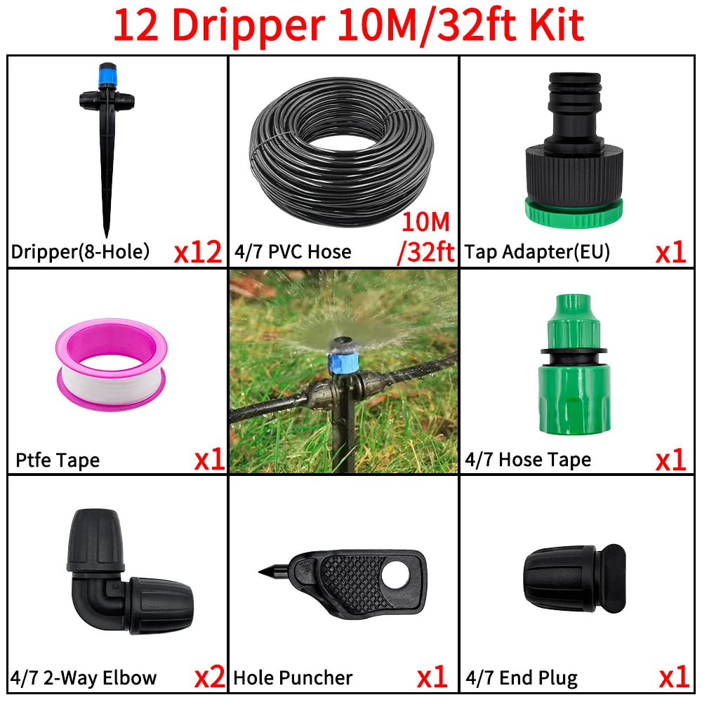 1/4" Drip Irrigation System Kit-Adjustable Flow, Sprayer with Lock Barbed Automatic Watering, for Garden, Farm, Bonsai, Flowers