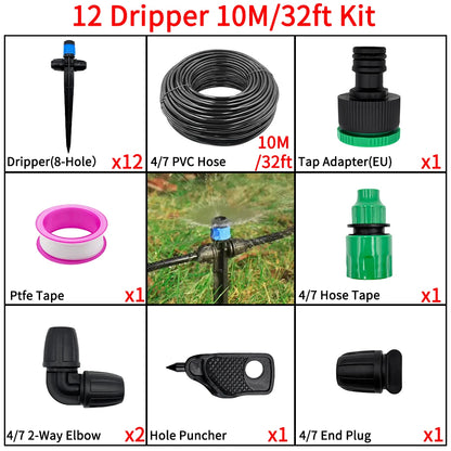 1/4" Drip Irrigation System Kit-Adjustable Flow, Sprayer with Lock Barbed Automatic Watering, for Garden, Farm, Bonsai, Flowers