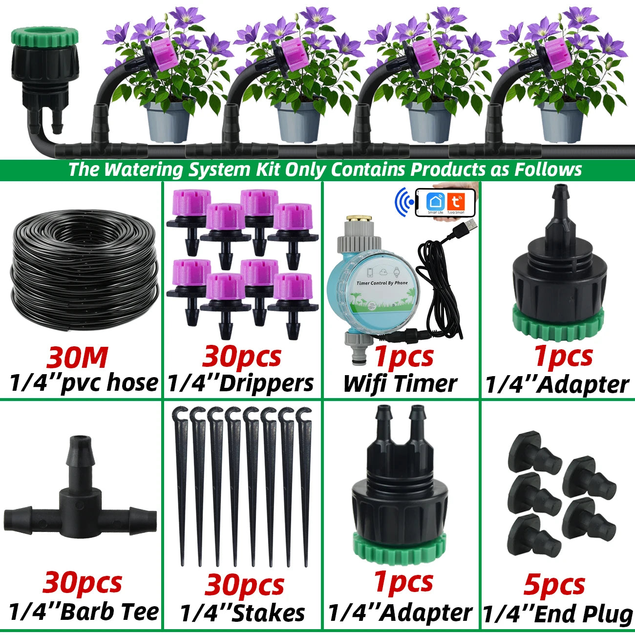 Garden 1/4'' Drip Irrigation Kit Automatic Watering System Nozzles for Farmland Bonsai Plant Flower Vegetable Greenhouse