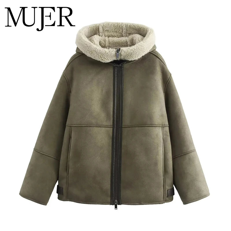 MUJER Double Face Hooded Jackets for Women Zip Padded Plush Jacket Women Outerwear Winter Coat Female Long Sleeve Women's Jacket