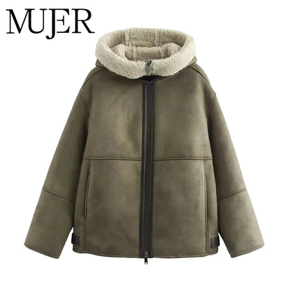 MUJER Double Face Hooded Jackets for Women Zip Padded Plush Jacket Women Outerwear Winter Coat Female Long Sleeve Women's Jacket