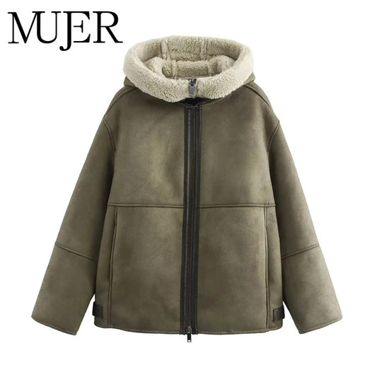 MUJER Double Face Hooded Jackets for Women Zip Padded Plush Jacket Women Outerwear Winter Coat Female Long Sleeve Women's Jacket