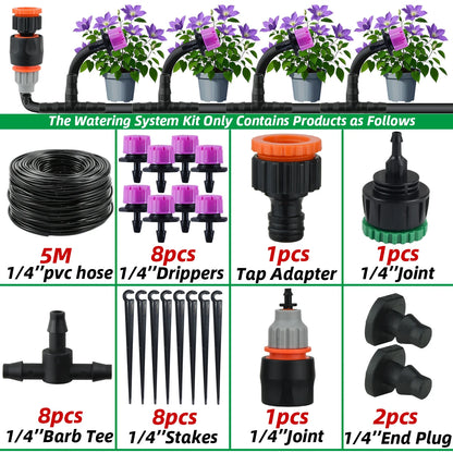 Garden 1/4'' Drip Irrigation Kit Automatic Watering System Nozzles for Farmland Bonsai Plant Flower Vegetable Greenhouse
