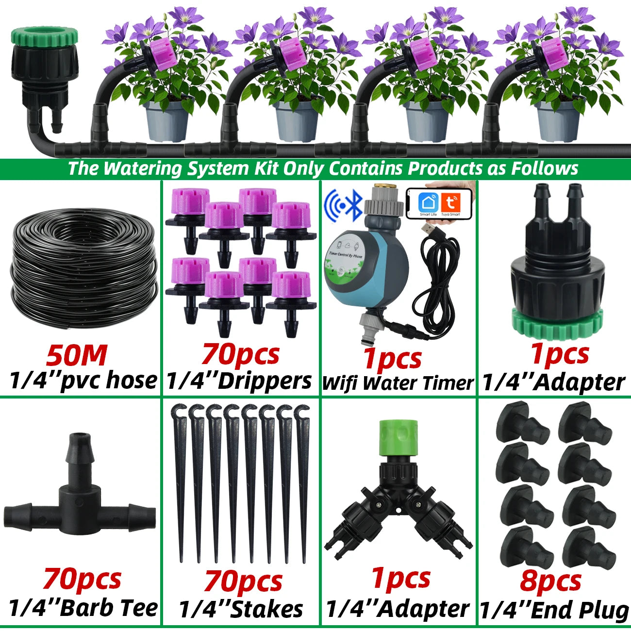Garden 1/4'' Drip Irrigation Kit Automatic Watering System Nozzles for Farmland Bonsai Plant Flower Vegetable Greenhouse