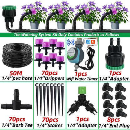 Garden 1/4'' Drip Irrigation Kit Automatic Watering System Nozzles for Farmland Bonsai Plant Flower Vegetable Greenhouse