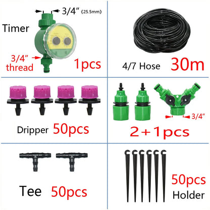 50M-5M DIY Drip Irrigation System Automatic Watering Garden Hose Micro Drip Watering Kits with Adjustable Drippers