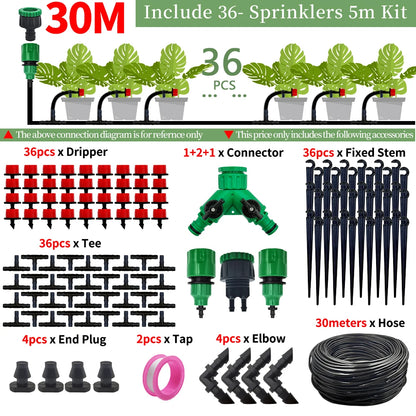 5-50M Garden Drip Irrigation Automatic Watering System Kit 1/4'' Nozzles for Bonsai Pot Plant Lawn Flower Vegetable Greenhouse