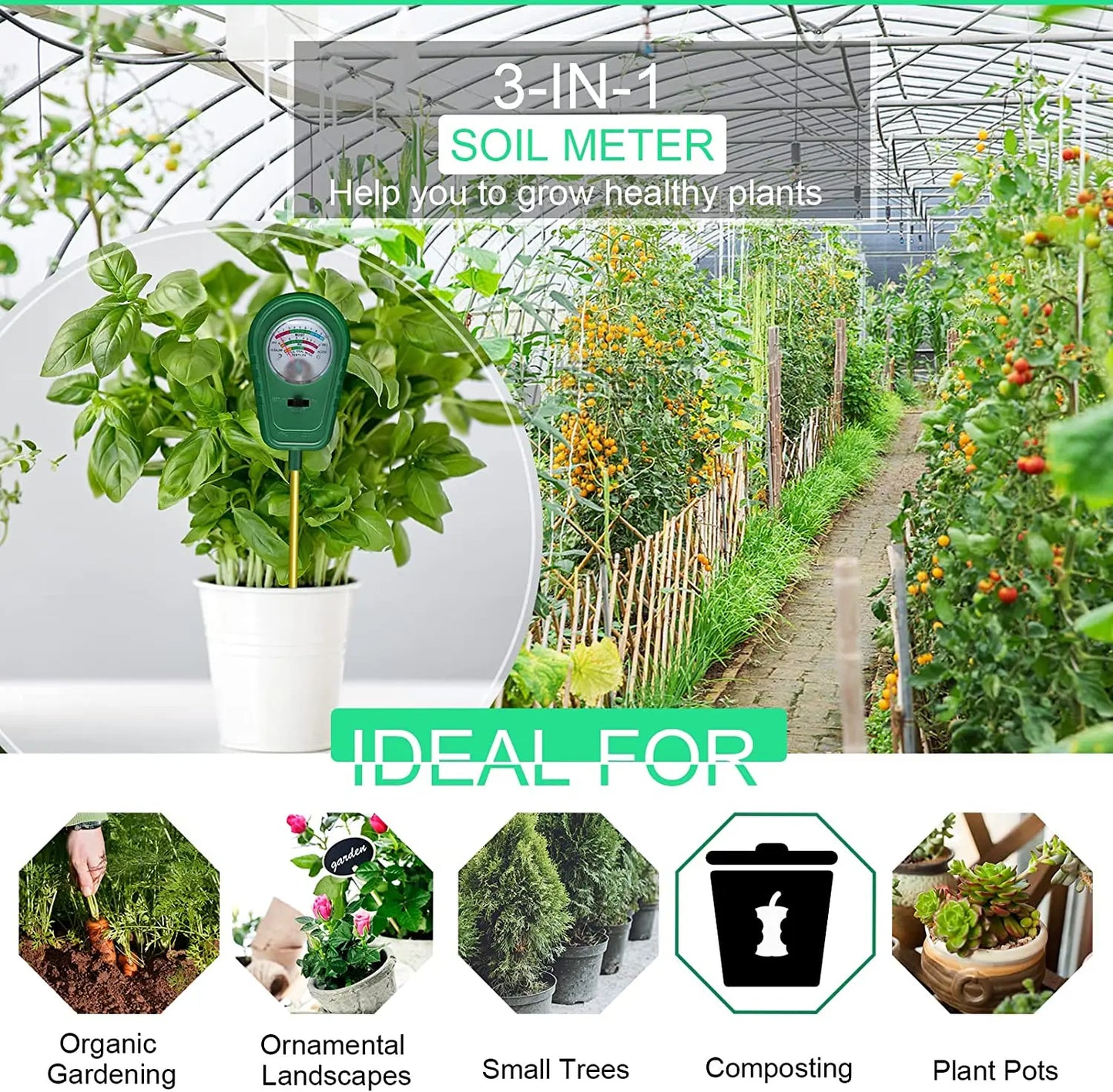 3-in-1 Soil Test Kit, Soil Moisture Meter/Soil ph Meter/Fertility Soil Tester, Soil Hygrometer for Garden, Farm House Plants