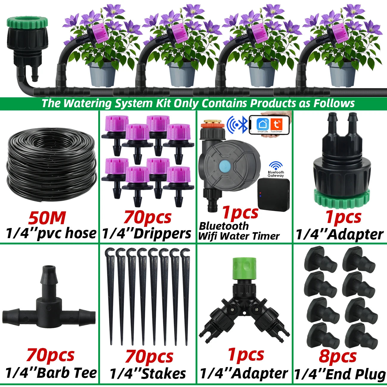 Garden 1/4'' Drip Irrigation Kit Automatic Watering System Nozzles for Farmland Bonsai Plant Flower Vegetable Greenhouse