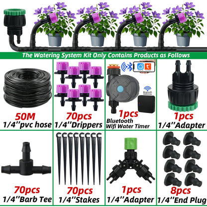 Garden 1/4'' Drip Irrigation Kit Automatic Watering System Nozzles for Farmland Bonsai Plant Flower Vegetable Greenhouse