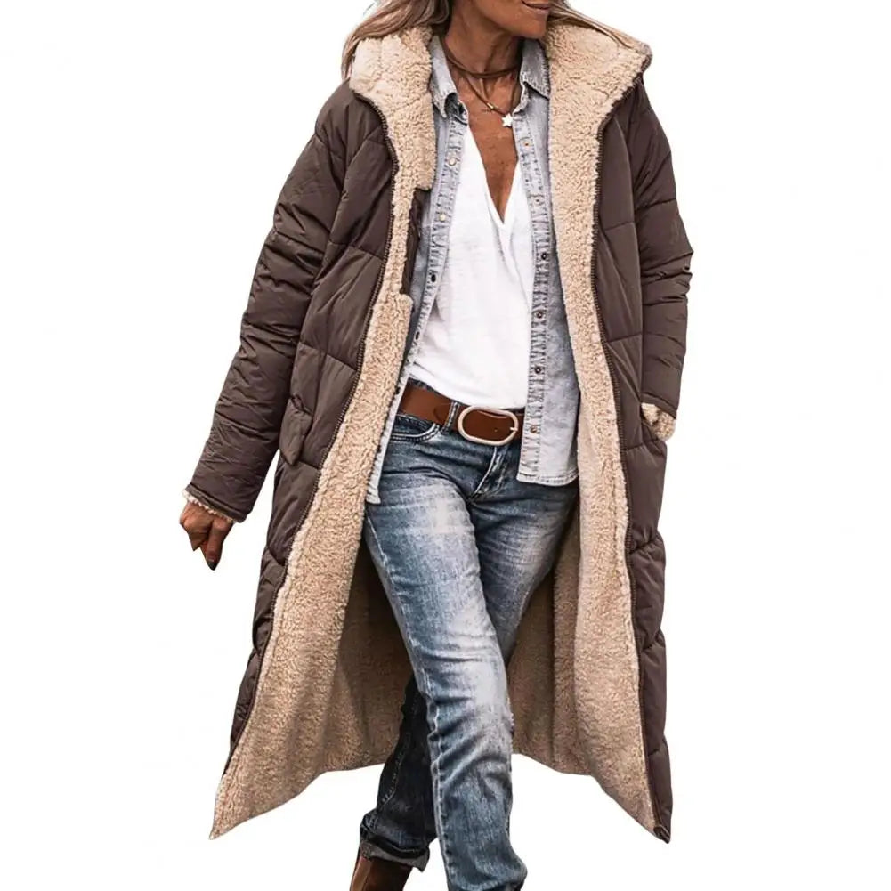 Women Long Hooded Down Jacket Stylish Women's Winter Coat With Hood Side Pockets Double-sided Design Slim Fit Mid For Outdoor