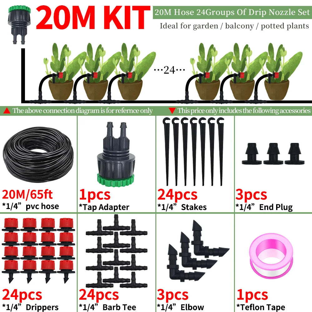 Automatic Drip Irrigation Kit 10-30M, 1/4" Garden Watering System with Nozzles for Farmland,Greenhouse,Bonsai,Flowers Vegetables