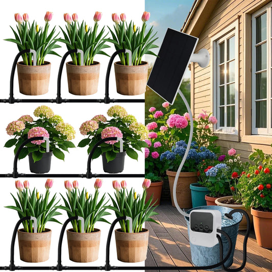 Solar Automatic Drip Irrigation System Kit for Garden Balcony Indoor DIY Gardening Water Plant Watering System w/ Anti-Siphon