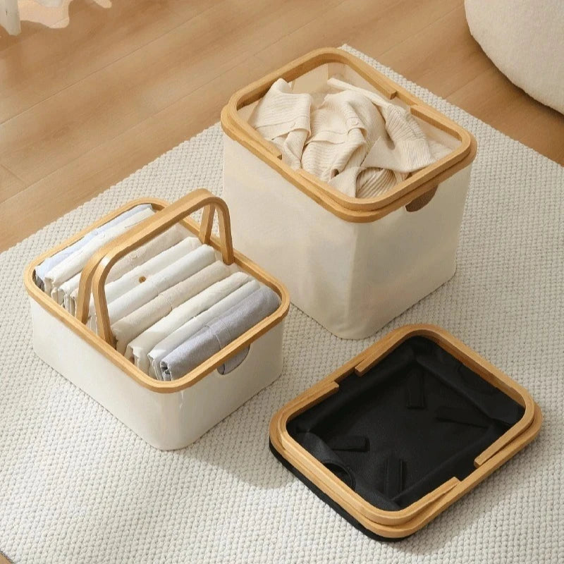 Bamboo Handle Storage Basket Large Capacity Foldable Bathroom Toy Clothing Desktop Organiser Dormitory Dirty Clothes Basket