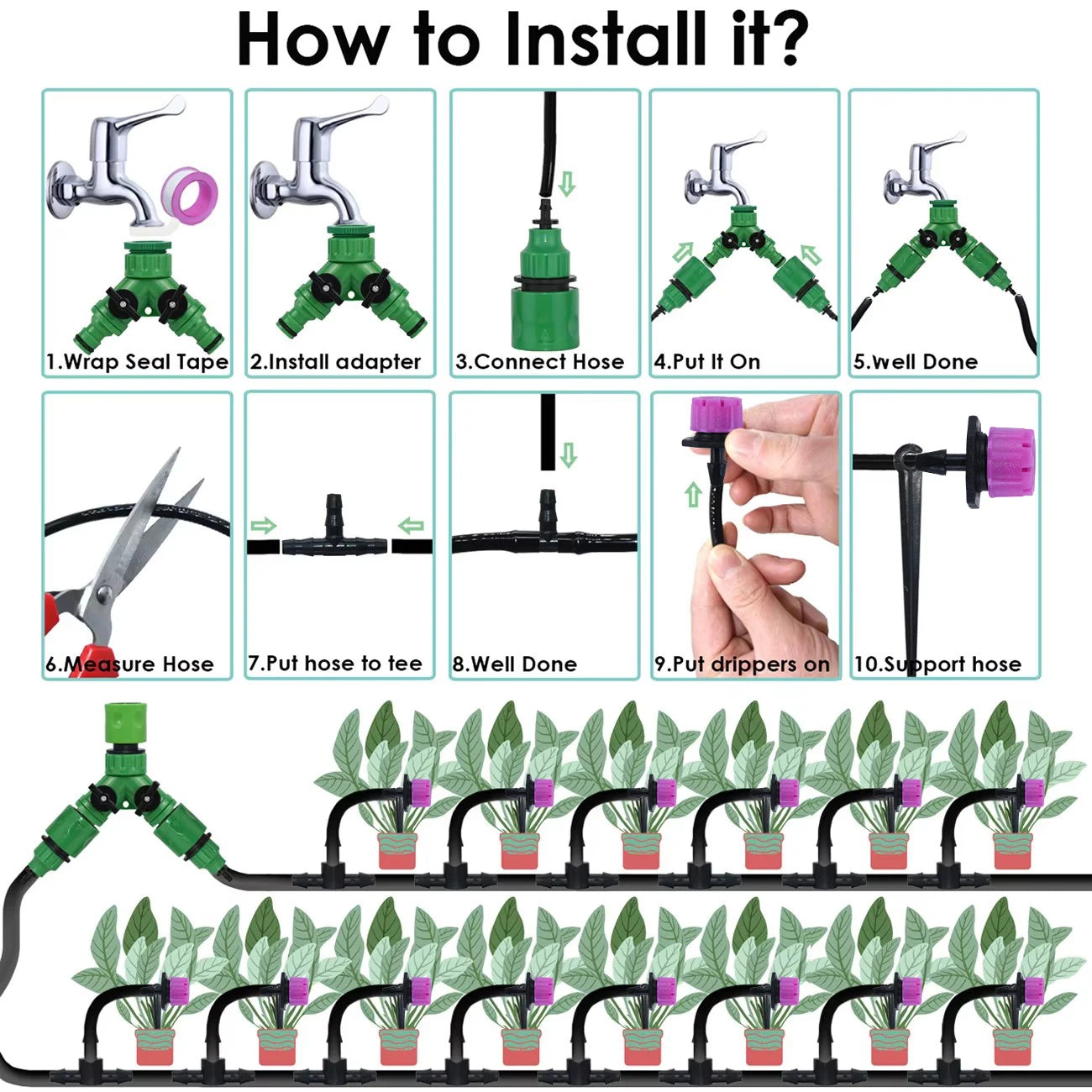 Garden 1/4'' Drip Irrigation Kit Automatic Watering System Nozzles for Farmland Bonsai Plant Flower Vegetable Greenhouse