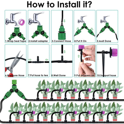 Garden 1/4'' Drip Irrigation Kit Automatic Watering System Nozzles for Farmland Bonsai Plant Flower Vegetable Greenhouse