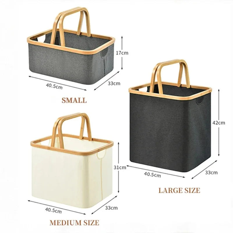 Bamboo Handle Storage Basket Large Capacity Foldable Bathroom Toy Clothing Desktop Organiser Dormitory Dirty Clothes Basket